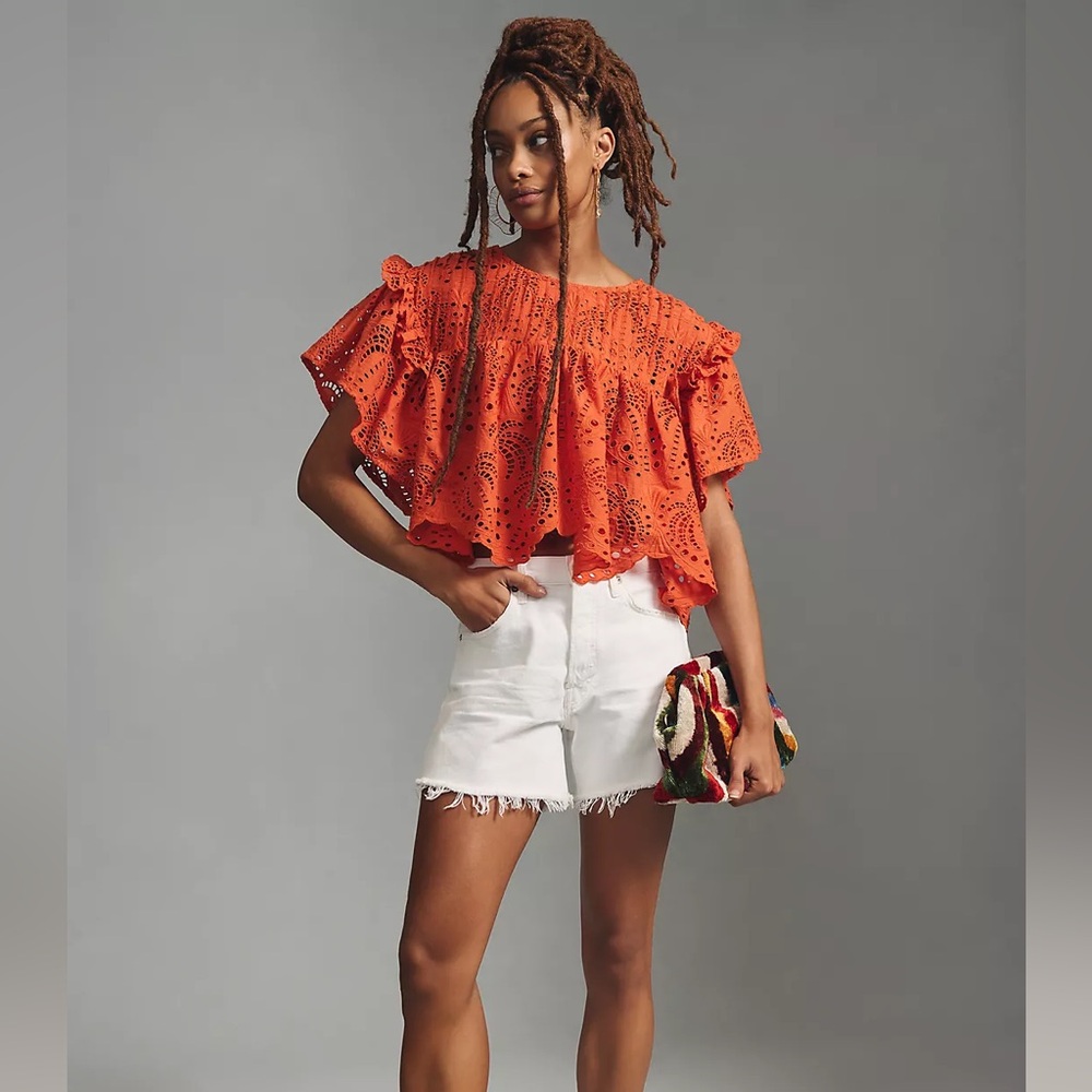 Farm Rio Orange Eyelet‎ Ruffle Top size M